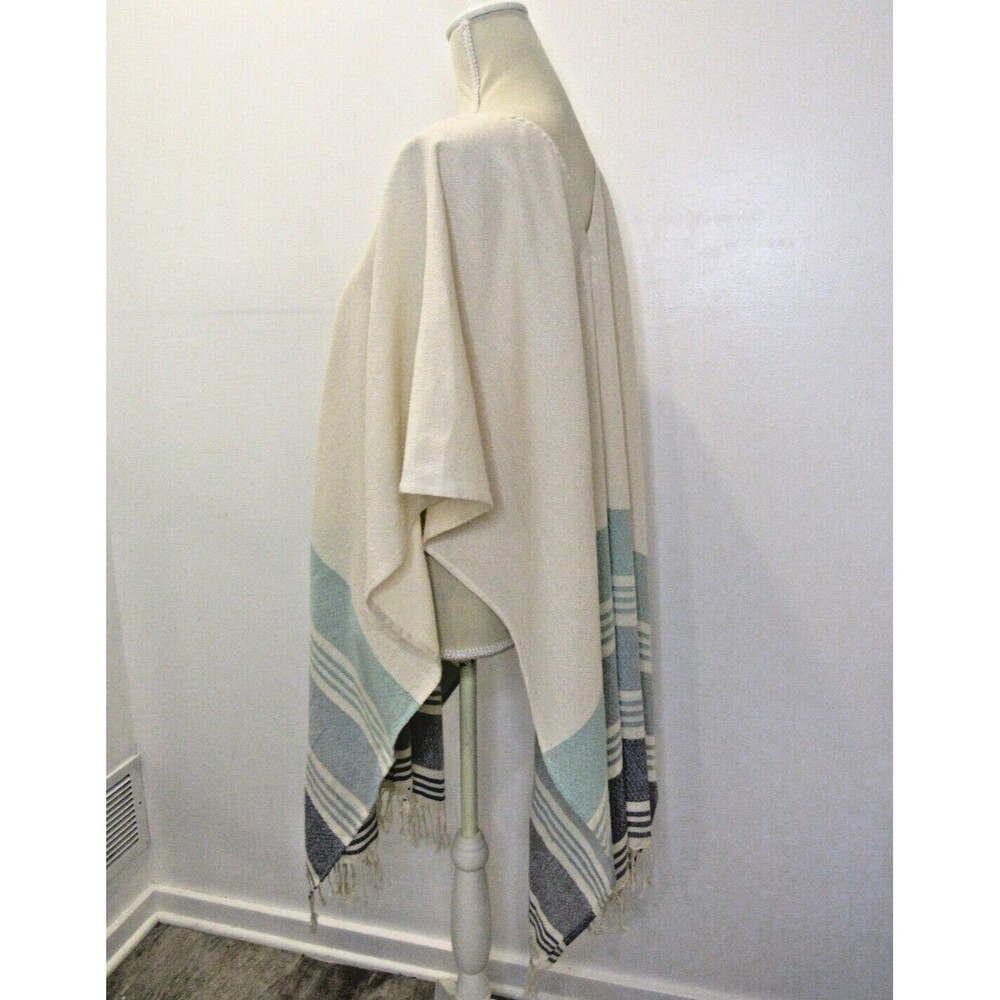 Womens OS Cream Blue Stripes Fringe Poncho Beach Caftan Coverup Boho Tribe Alive - Picture 5 of 11